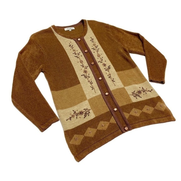 #093 Vintage Angora Wool grandma sweater size L tan, brown earthy tones Woman - Picture 2 of 14